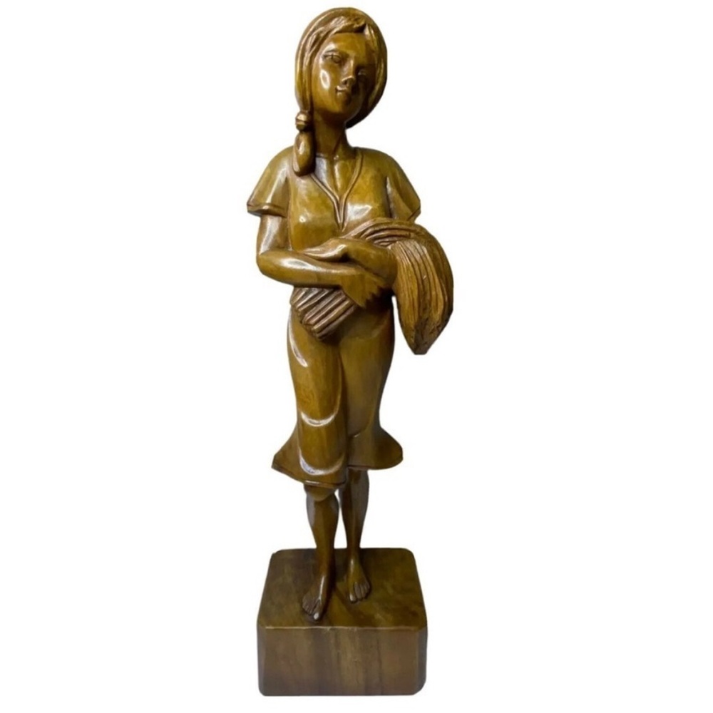 Art Deco Beautiful Wood Carved Sculpture Woman Gathering Wheat 20” Tall